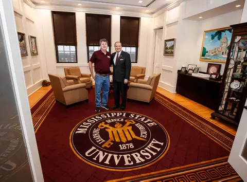 STARKVILLE, MS - JANUARY 10, 2020 - Mike Leach, the new Head Coach of the Mississippi State Bulldogs football team visits with Mark E. Keenum, University President, in Keenum's Office in Starkville, MS. Photo By Aaron Cornia