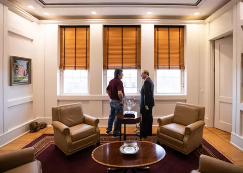STARKVILLE, MS - JANUARY 10, 2020 - Mike Leach, the new Head Coach of the Mississippi State Bulldogs football team visits with Mark E. Keenum, University President, in Keenum's Office in Starkville, MS. Photo By Aaron Cornia