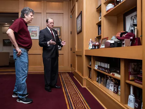 STARKVILLE, MS - JANUARY 10, 2020 - Mike Leach, the new Head Coach of the Mississippi State Bulldogs football team visits with Mark E. Keenum, University President, in Keenum's Office in Starkville, MS. Photo By Aaron Cornia