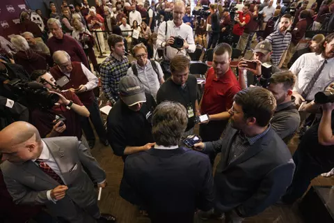 STARKVILLE, MS - JANUARY 10, 2020 - Mississippi State Head Coach Mike Leach during his introductory press conference at the Leo Seal Jr. Football Complex in Starkville, MS. Photo By Austin Perryman