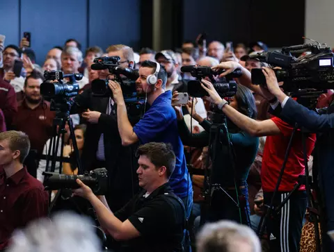 STARKVILLE, MS - JANUARY 10, 2020 - Mike Leach, the new Head Coach of the Mississippi State Bulldogs football team during his first press conference an Leo Seal Jr. Football Complex in Starkville, MS. Photo By Aaron Cornia