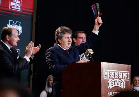 STARKVILLE, MS - JANUARY 10, 2020 - Mike Leach, the new Head Coach of the Mississippi State Bulldogs football team during his first press conference an Leo Seal Jr. Football Complex in Starkville, MS. Photo By Aaron Cornia