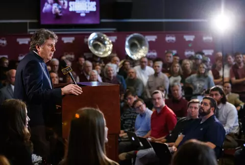 STARKVILLE, MS - JANUARY 10, 2020 - Mike Leach, the new Head Coach of the Mississippi State Bulldogs football team during his first press conference an Leo Seal Jr. Football Complex in Starkville, MS. Photo By Aaron Cornia