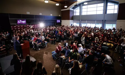STARKVILLE, MS - JANUARY 10, 2020 - Mike Leach, the new Head Coach of the Mississippi State Bulldogs football team during his first press conference an Leo Seal Jr. Football Complex in Starkville, MS. Photo By Aaron Cornia