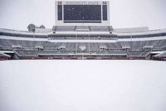 STARKVILLE, MS - January 11, 2021 - Davis Wade Stadium at Scott Field during a snow day at Mississippi State University in Starkville, MS. Photo By Austin Perryman