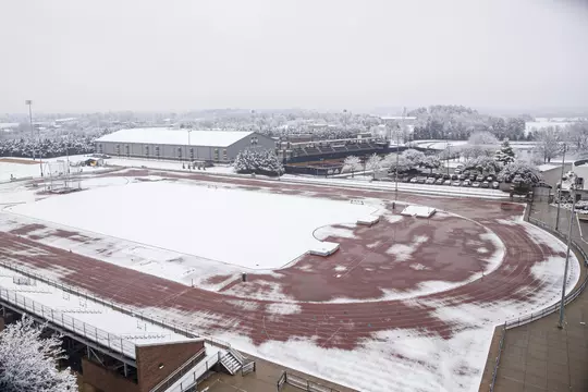 STARKVILLE, MS - January 11, 2021 - The Mike Sanders Track and Field Complex during a snow day at Mississippi State University in Starkville, MS. Photo By Austin Perryman