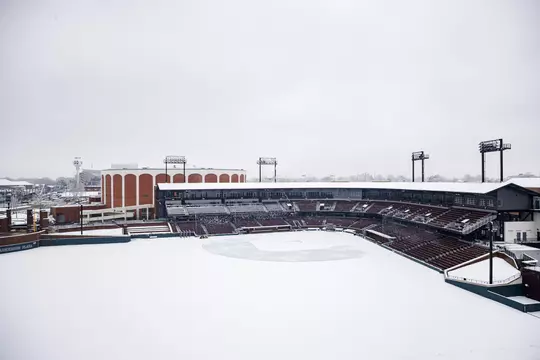 STARKVILLE, MS - January 11, 2021 - Dudy Noble Field at Polk Dement Stadium during a snow day at Mississippi State University in Starkville, MS. Photo By Austin Perryman