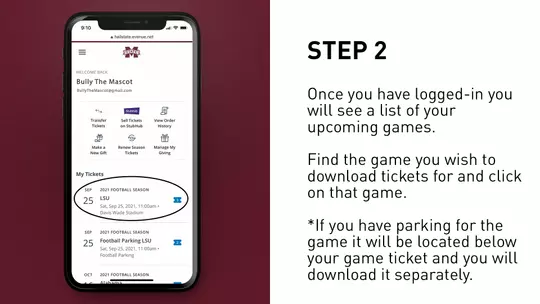 Once you have logged-in you will see a list of your upcoming games. Find the game you wish to download tickets for and click on that game. *If you have parking for the game it will be located below your game ticket