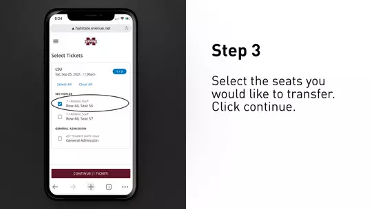 Select the seats you would like to transfer. Click Continue.