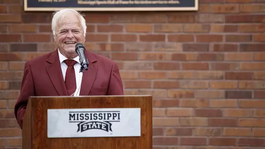 Mississippi State Assistant to the Athletic Director Ron Polk speaks during the Ron Polk Ring of Honor ceremony at Adkerson Plaza at Dudy Noble Field at Polk-Dement Stadium earlier this year.