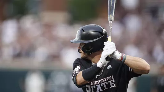Mississippi State's Tanner Allen hits against Notre Dame on Sunday night.