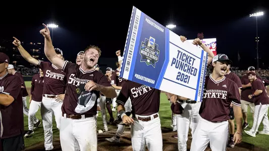 Mississippi State players celebrate after clinching a berth in the College World Series on Monday night.