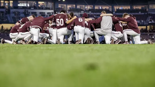 Mississippi State players huddle up before a game earlier this sesaon.
