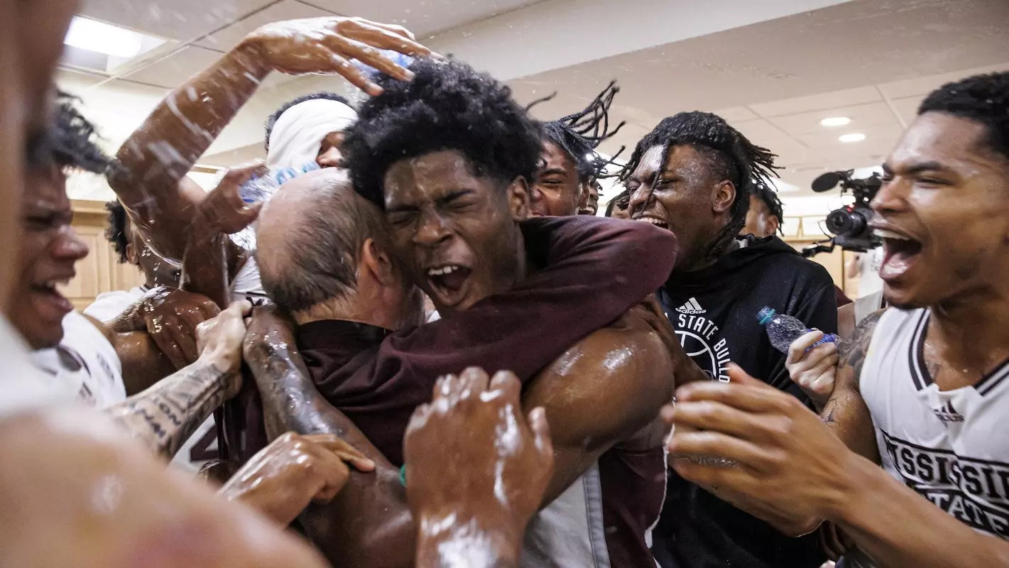Men's basketball celebration