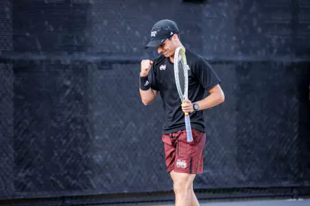 STARKVILLE, MS - April 15, 2022 - Mississippi State's Carles Hernandez during the match between the Vanderbilt Commodores and the Mississippi State Bulldogs at the AJ Pitts Tennis Centre in Starkville, MS. Photo By Kevin Snyder