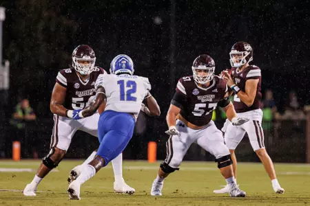 STARKVILLE, MS - September 03, 2022 - Mississippi State Offensive Lineman Kameron Jones (#58) and Mississippi State Offensive Lineman Cole Smith (#57) during the game between the Memphis Tigers and the Mississippi State Bulldogs at Davis Wade Stadium at Scott Field in Starkville, MS. Photo By Mike Mattina