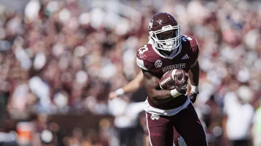 STARKVILLE, MS - October 08, 2022 - Mississippi State Running Back Dillon Johnson (#23) during the Homecoming game between the Arkansas Razorbacks and the Mississippi State Bulldogs at Davis Wade Stadium at Scott Field in Starkville, MS. Photo By Mike Mattina
