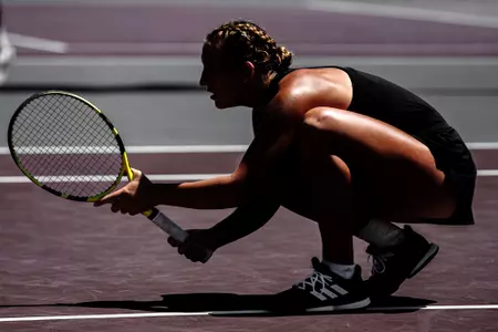 STARKVILLE, MS - April 10, 2022 - Mississippi State's Alexandra Mikhailuk during the match between the Missouri Tigers and the Mississippi State Bulldogs at the AJ Pitts Tennis Centre in Starkville, MS. Photo By Austin Perryman