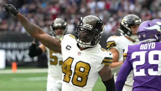 Oct 2, 2022; London, United Kingdom; New Orleans Saints safety J.T. Gray (48) celebrates in the second half against the Minnesota Vikings during an NFL International Series game at Tottenham Hotspur Stadium. The Vikings defeated the Saints 28-25. Mandatory Credit: Kirby Lee-USA TODAY Sports