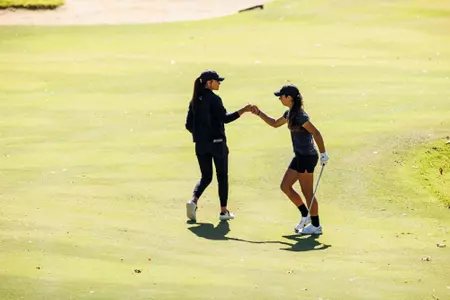 WEST POINT, MS - October 17, 2022 - Mississippi State's Julia Lopez Ramirez and Mississippi State Assistant Coach Lauren Whyte during the Ally at Old Waverly Golf Club in West Point, MS. Photo By Kevin Snyder