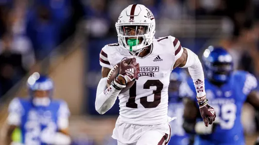LEXINGTON, KY - October 15, 2022 - Mississippi State Defensive Back Emmanuel Forbes (#13) returns his SEC Record fourth interception for a touchdown during the game between the Mississippi State Bulldogs and the Kentucky Wildcats at Kroger Field in Lexington, KY. Photo By Kevin Snyder
