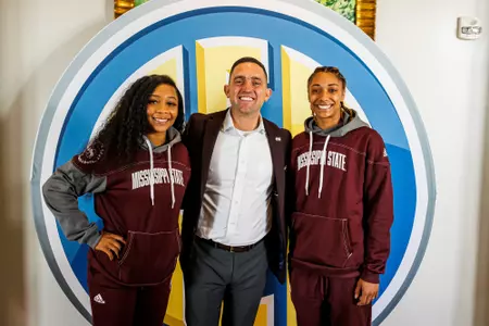 BIRMINGHAM, AL - October 18, 2022 - Mississippi State Guard Anastasia Hayes (#0), Mississippi State Head Coach Sam Purcell, and Mississippi State Guard Ahlana Smith (#1) after the 2022 SEC Women’s Basketball Media Day at the Grand Bohemian Hotel in Birmingham, AL. Photo By Kevin Snyder