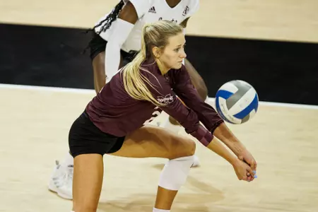 STARKVILLE, MS - October 15, 2022 - Mississippi State Defensive Specialist Lilly Gunter (#2) during the match between the Florida Gators and the Mississippi State Bulldogs at the Newell-Grissom Building in Starkville, MS. Photo By Mike Mattina