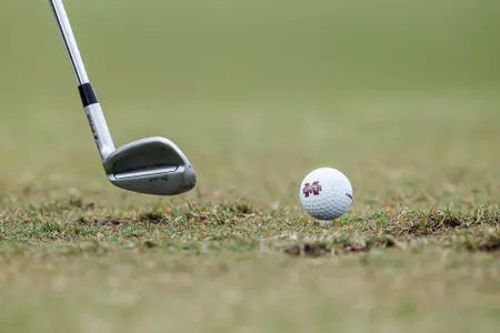 WEST POINT, MS - April 12, 2022 - Mississippi State MState logo on a golf ball during the Mossy Oak Collegiate Championship at Mossy Oak Golf Club in West Point, MS. Photo By Kevin Snyder
