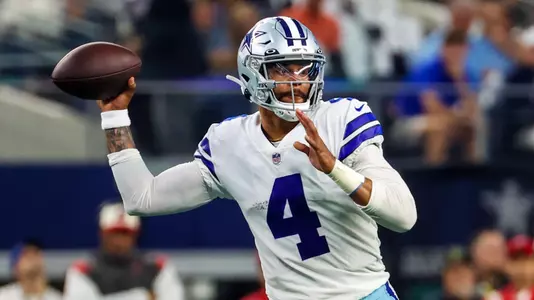 Sep 11, 2022; Arlington, Texas, USA; Dallas Cowboys quarterback Dak Prescott (4) throws during the first quarter against the Tampa Bay Buccaneers at AT&T Stadium. Mandatory Credit: Kevin Jairaj-USA TODAY Sports