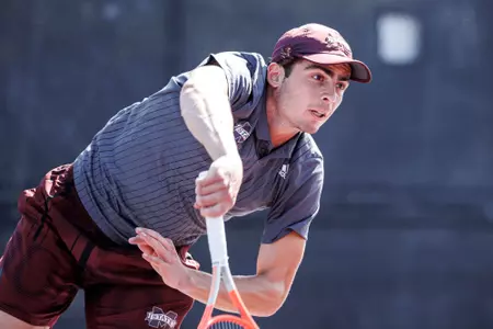 STARKVILLE, MS - April 15, 2022 - Mississippi State's Nemanja Malesevic during the match between the Vanderbilt Commodores and the Mississippi State Bulldogs at the AJ Pitts Tennis Centre in Starkville, MS. Photo By Kevin Snyder