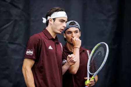 STARKVILLE, MS - April 17, 2022 - Mississippi State's Nemanja Malesevic and Mississippi State's Carles Hernandez during the match between the Kentucky Wildcats and the Mississippi State Bulldogs at the Rula Tennis Pavilion in Starkville, MS. Photo By Kevin Snyder