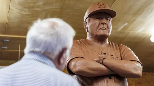 JAYESS, MS - October 04, 2022 - Coach Ron Polk Statue during Coach Polk’s first viewing of the Ron Polk Ring of Honor Statue in the Studio of Rusty Reid in Jayess, MS. Photo By Kevin Snyder