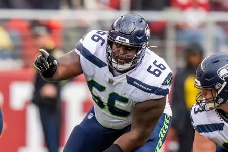 September 18, 2022; Santa Clara, California, USA; Seattle Seahawks guard Gabe Jackson (66) during the second quarter against the San Francisco 49ers at Levi's Stadium. Mandatory Credit: Kyle Terada-USA TODAY Sports