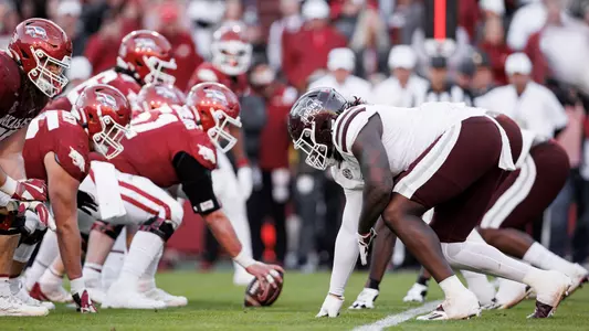 FAYETTEVILLE, AR - November 06, 2021 - Mississippi State Defensive Lineman Randy Charlton (#5) during the game between the Mississippi State Bulldogs and the Arkansas Razorbacks at Donald W. Reynolds Razorback Stadium in Fayetteville, AR.Photo By Austin Perryman