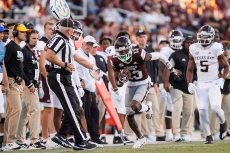 STARKVILLE, MS - October 01, 2022 - Mississippi State Defensive Back Emmanuel Forbes (#13) during the game between the Texas A&M Aggies and the Mississippi State Bulldogs at Davis Wade Stadium at Scott Field in Starkville, MS. Photo By Mike Mattina