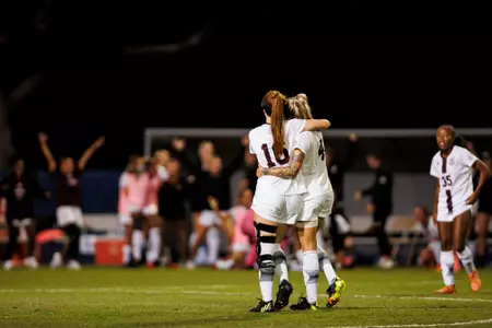 PENSACOLA, FL - October 30, 2022 - Mississippi State Defender Rylie Combs (#16) and Mississippi State Midfielder Macey Hodge (#4) react during the SEC Tournament match between the Texas A&M Aggies and the Mississippi State Bulldogs at the Ashton Brosnaham Soccer Complex in Pensacola, FL.. Photo By Mike Mattina