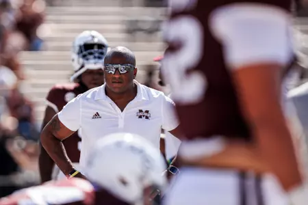 STARKVILLE, MS - September 24, 2022 - Mississippi State Defensive Line Coach Jeff Phelps before the game between the Bowling Green Falcons and the Mississippi State Bulldogs at Davis Wade Stadium at Scott Field in Starkville, MS. Photo By Kevin Snyder