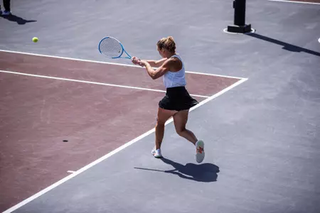 STARKVILLE, MS - March 20, 2022 - Mississippi Stateâ??s Emmanouela Antonaki during the match between the Alabama Crimson Tide and the Mississippi State Bulldogs at the AJ Pitts Tennis Centre in Starkville, MS. Photo By Kevin Snyder