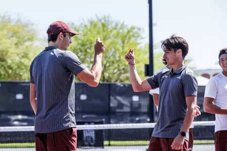 STARKVILLE, MS - April 15, 2022 - Mississippi State's Nemanja Malesevic and Mississippi State's Carles Hernandez before the match between the Vanderbilt Commodores and the Mississippi State Bulldogs at the AJ Pitts Tennis Centre in Starkville, MS. Photo By Kevin Snyder