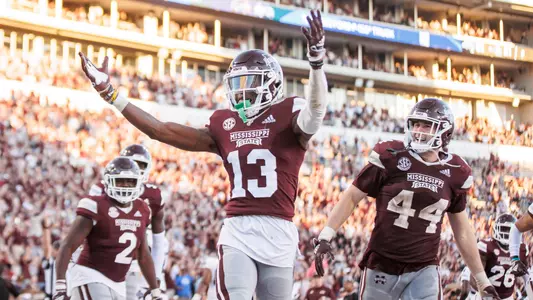 STARKVILLE, MS - October 01, 2022 - Mississippi State Defensive Back Emmanuel Forbes (#13) reacts during the game between the Texas A&M Aggies and the Mississippi State Bulldogs at Davis Wade Stadium at Scott Field in Starkville, MS. Photo By Mike Mattina