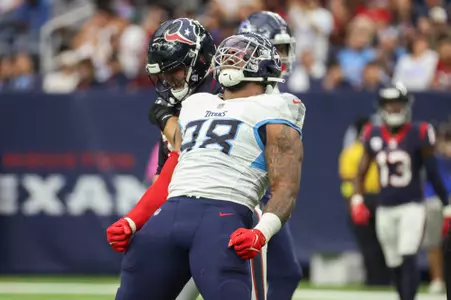 Oct 30, 2022; Houston, Texas, USA; Tennessee Titans defensive tackle Jeffery Simmons (98) reacts after getting a sack against the Houston Texans during the third quarter at NRG Stadium. Mandatory Credit: Troy Taormina-USA TODAY Sports