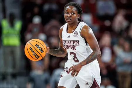 STARKVILLE, MS - November 11, 2022 - Mississippi State Guard Asianae Johnson (#3) during the game between the North Alabama Lions and the Mississippi State Bulldogs at Humphrey Coliseum in Starkville, MS. Photo By Kevin Snyder