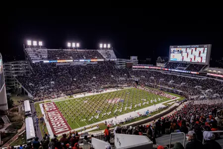 STARKVILLE, MS - November 12, 2022 - Mississippi State Fans and Famous Maroon Band before the game between the Georgia Bulldogs and the Mississippi State Bulldogs at Davis Wade Stadium at Scott Field in Starkville, MS. Photo By Kevin Snyder