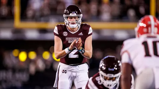 STARKVILLE, MS - November 12, 2022 - Mississippi State Quarterback Will Rogers (#2) during the game between the Georgia Bulldogs and the Mississippi State Bulldogs at Davis Wade Stadium at Scott Field in Starkville, MS. Photo By Kevin Snyder