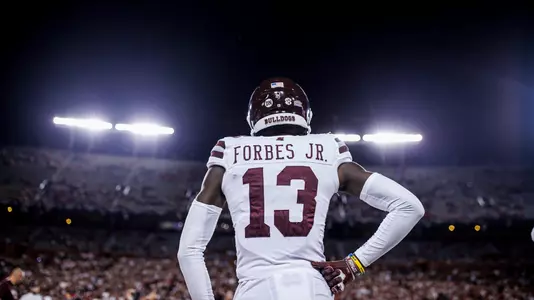 TUCSON, AZ - September 10, 2022 - Mississippi State Defensive Back Emmanuel Forbes (#13) before the game between the Mississippi State Bulldogs and the Arizona Wildcats at Arizona Stadium in Tucson, AZ. Photo By Kevin Snyder