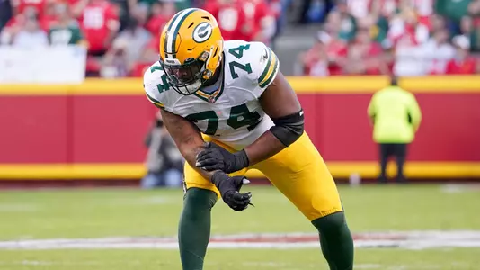 Nov 7, 2021; Kansas City, Missouri, USA; Green Bay Packers offensive tackle Elgton Jenkins (74) on the line of scrimmage against the Kansas City Chiefs during the game at GEHA Field at Arrowhead Stadium. Mandatory Credit: Denny Medley-USA TODAY Sports