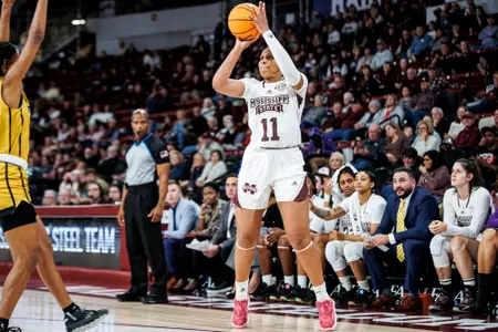 STARKVILLE, MS - November 18, 2022 - Mississippi State Guard Kourtney Weber (#11) during the game between the Alabama State Hornets and the Mississippi State Bulldogs at Humphrey Coliseum in Starkville, MS. Photo By Kevin Snyder