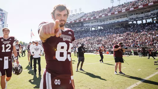 STARKVILLE, MS - October 08, 2022 - Mississippi State Wide Receiver Austin Williams (#85) during the Homecoming game between the Arkansas Razorbacks and the Mississippi State Bulldogs at Davis Wade Stadium at Scott Field in Starkville, MS. Photo By Mike Mattina