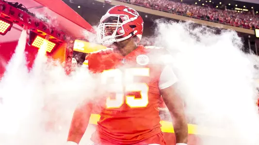 Nov 6, 2022; Kansas City, Missouri, USA; Kansas City Chiefs defensive tackle Chris Jones (95) takes the field prior to a game against the Tennessee Titans at GEHA Field at Arrowhead Stadium. Mandatory Credit: Jay Biggerstaff-USA TODAY Sports