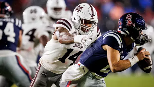 OXFORD, MS - November 24, 2022 - Mississippi State Linebacker Nathaniel "Bookie" Watson (#14) during the Battle for the Golden Egg between the Mississippi State Bulldogs and the Ole Miss Rebels at Vaught Hemingway Stadium in Oxford, MS. Photo By Kevin Snyder